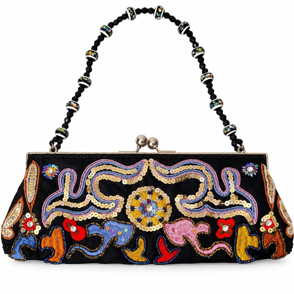 Vintage Y2K Chateau Elephant Beaded Sequin Satin Evening Bag Purse Kiss Lock